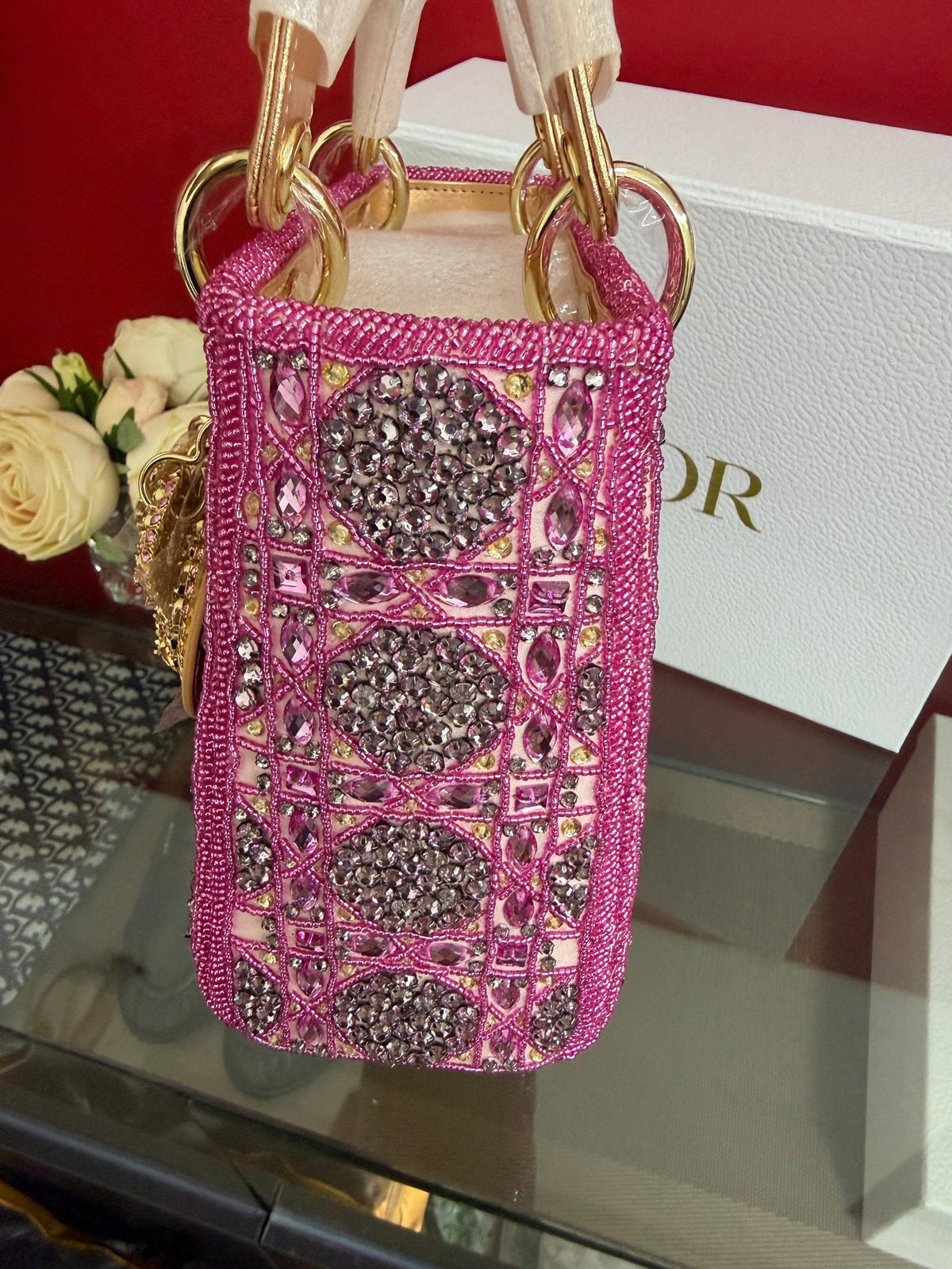 LADY DIOR BAG Metallic Calfskin & Satin with Rose Des Vent