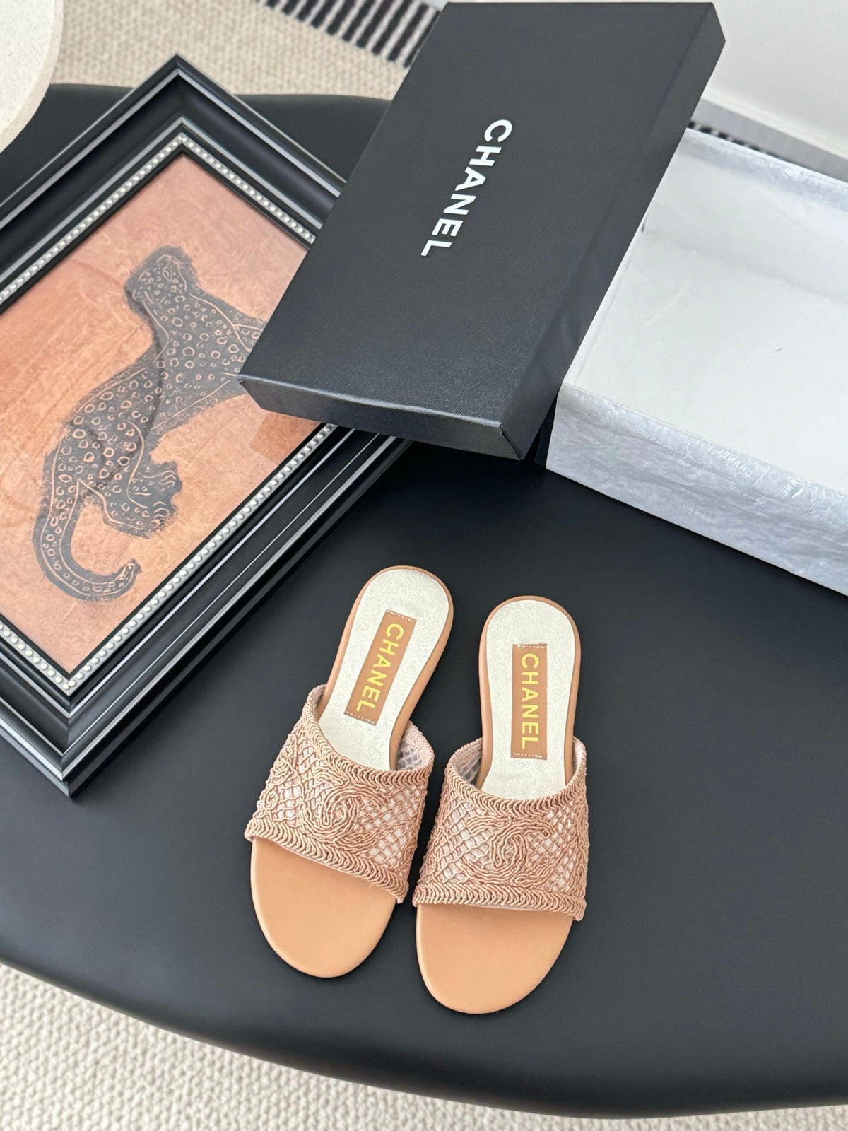 Chanel Women Beige Woven Fabric Slides