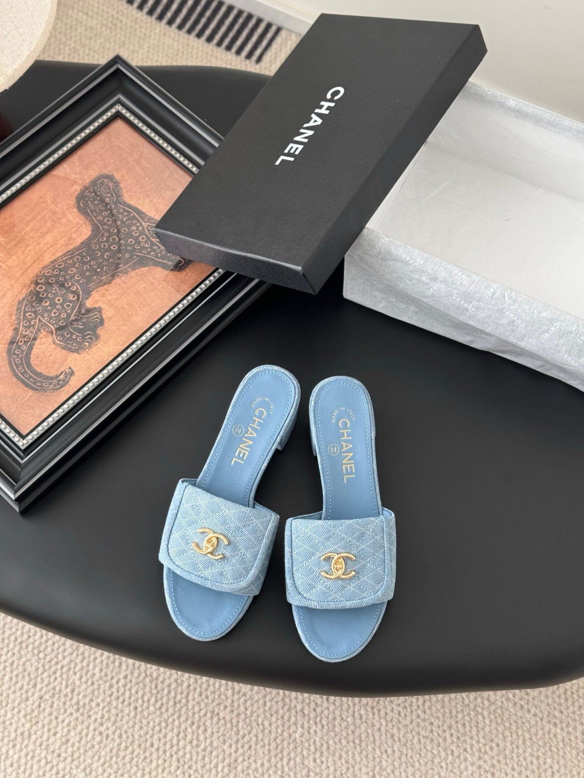 Chanel Women Light Blue Quilted Fabric Slides