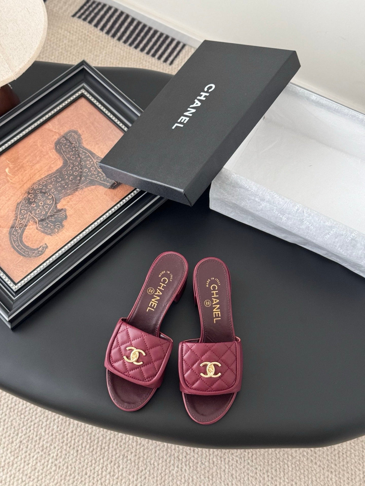 Chanel Women Burgundy Quilted Leather Mules
