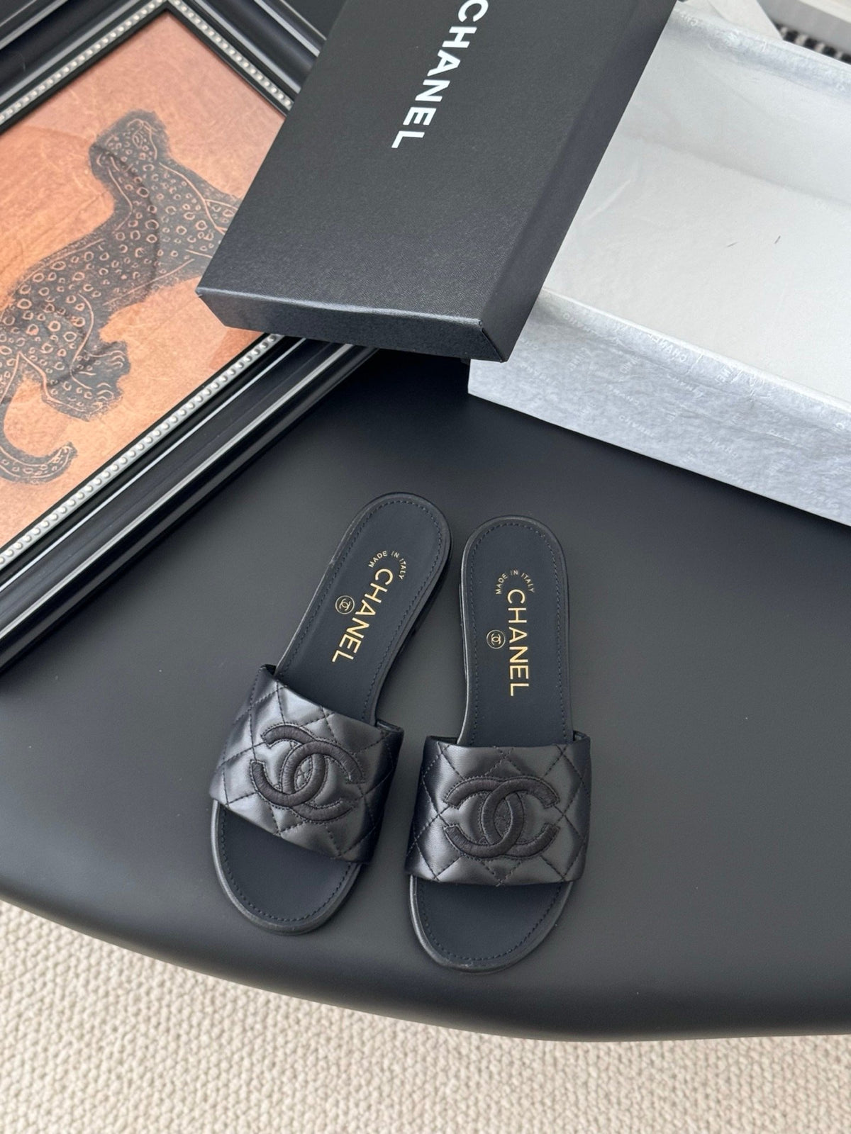 Chanel Women Black Quilted Leather Slides