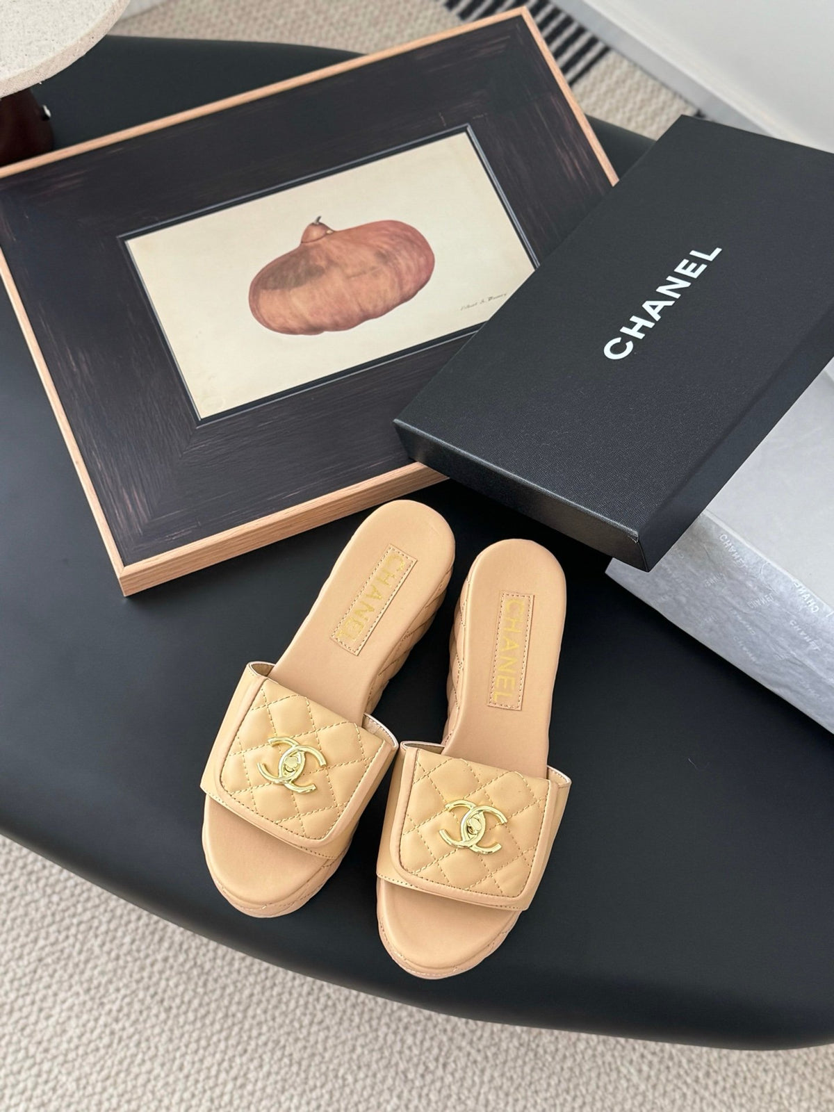 Chanel Women Beige Quilted Leather Slides