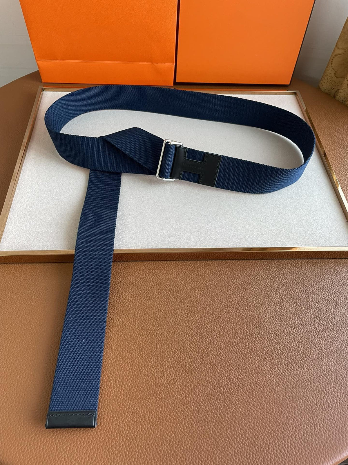 4.0CM BLUE TEXTILE BLACK LEATHER H BELT
