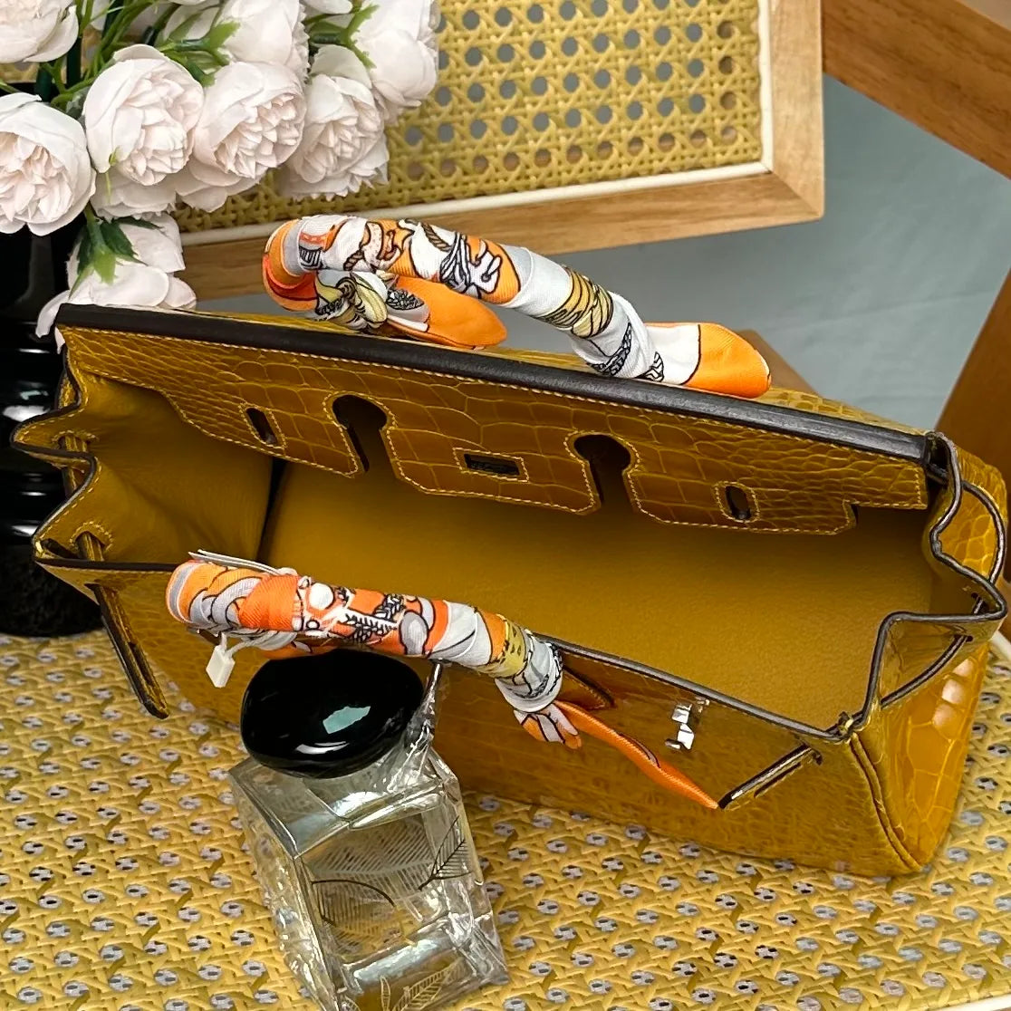 Hermes Birkin 25cm Amber Yellow Crocodile Leather Silver Hardware