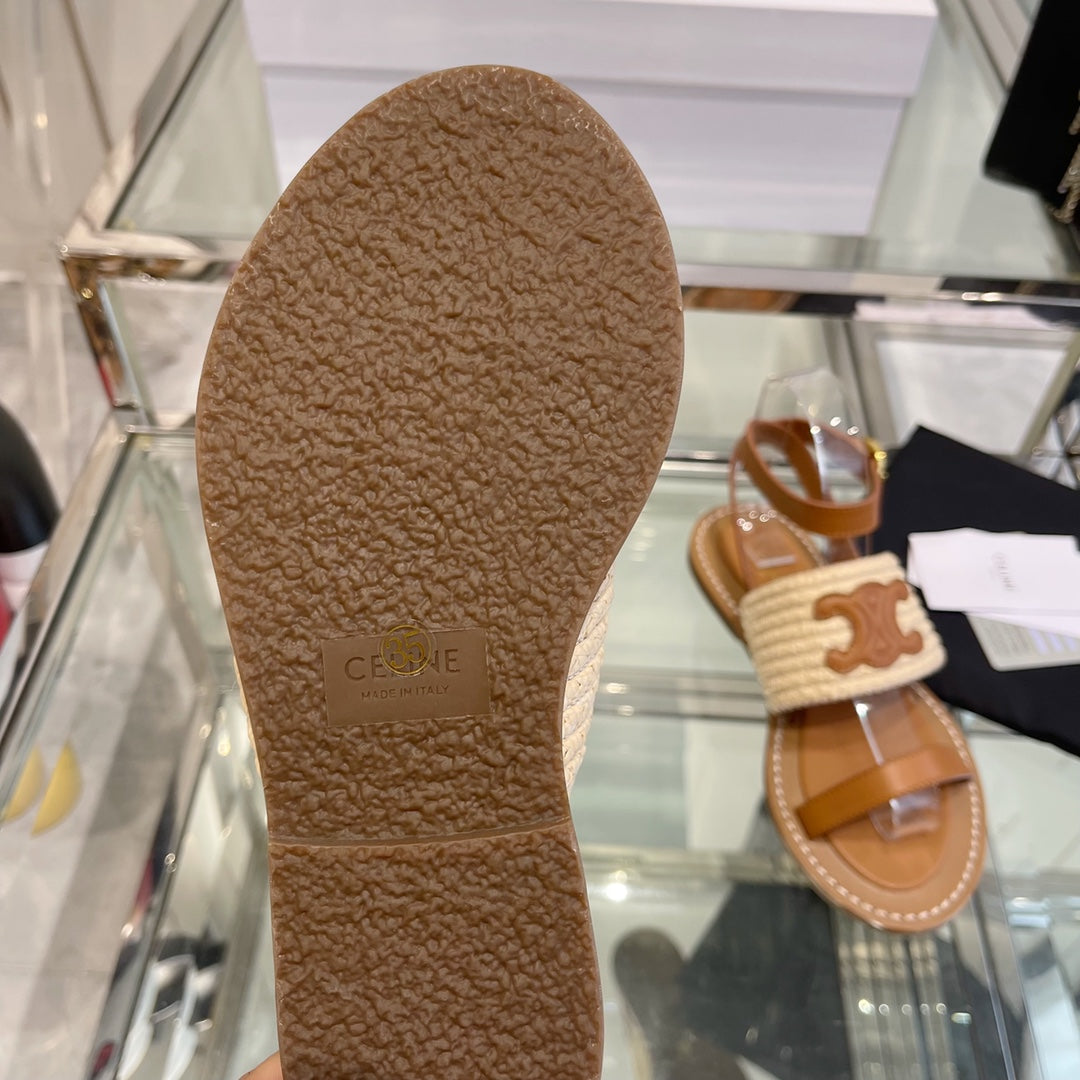 LYMPIAR FLAT STRAP SANDAL IN RAFFIA CALFSKIN WHITE CARAMEL BROWN