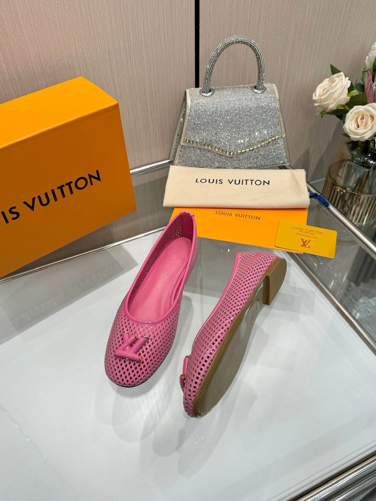 LV Women Pink Mesh Leather Ballet Flats