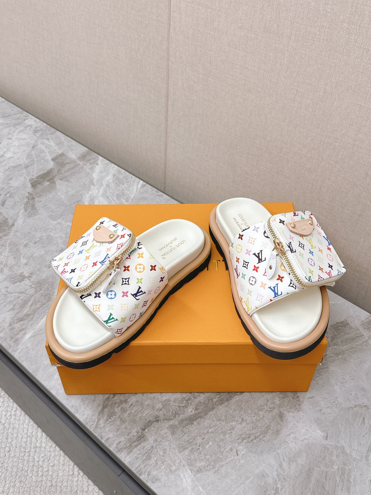 LV Women White Leather Multicolor Logo Mules