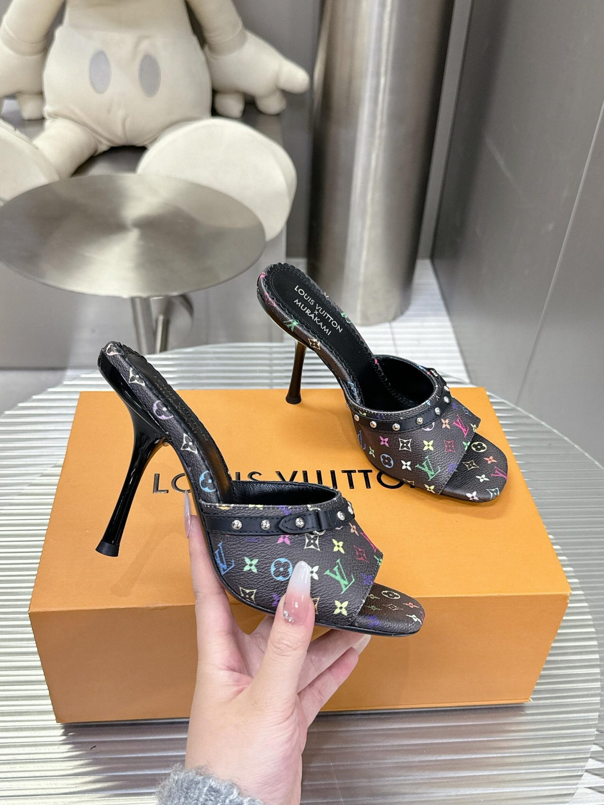 LV Women Black Leather Multicolor Logo Mules