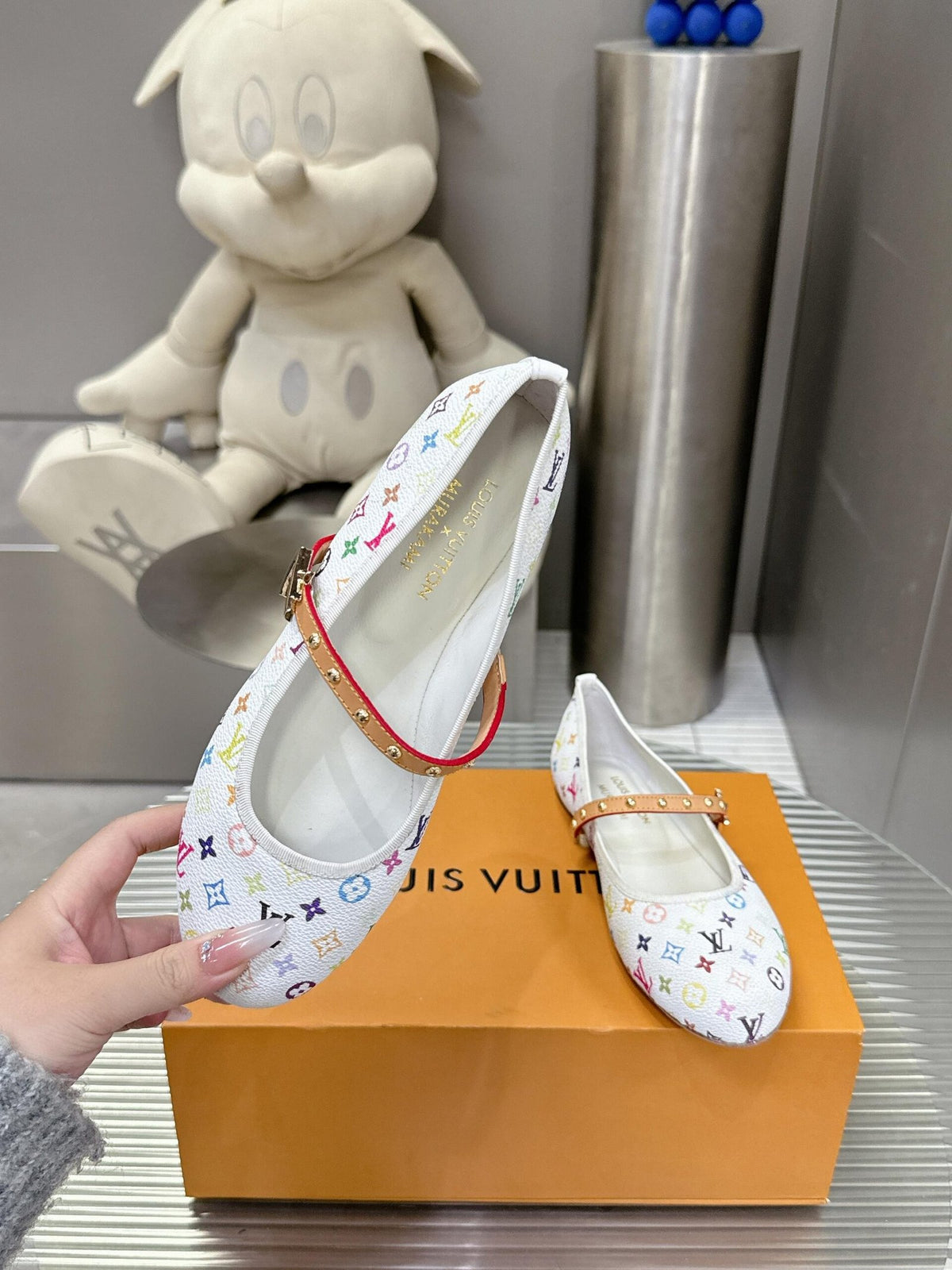 LV Women White Canvas Multicolor Print Leather Strap Flats