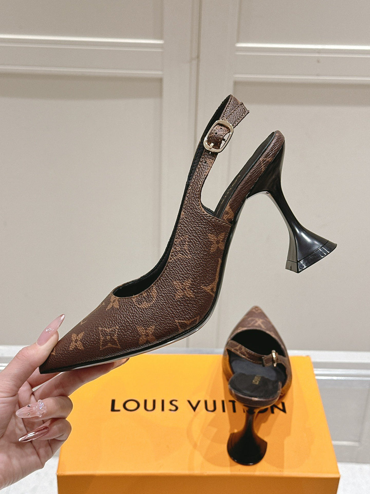 LV Women Brown Leather Patterned Slingback Heels