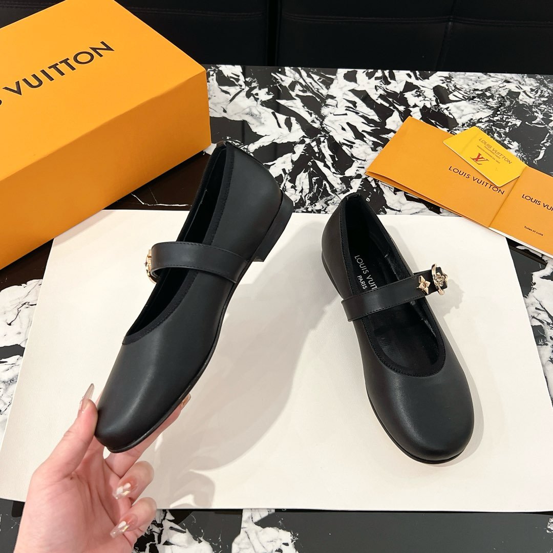 LV Women Black Leather Mary Jane Flats
