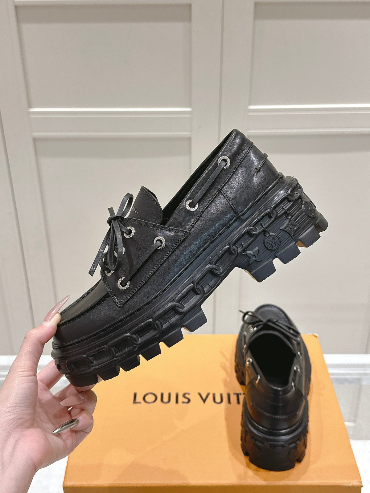 LV Women Black Leather Chunky Loafers
