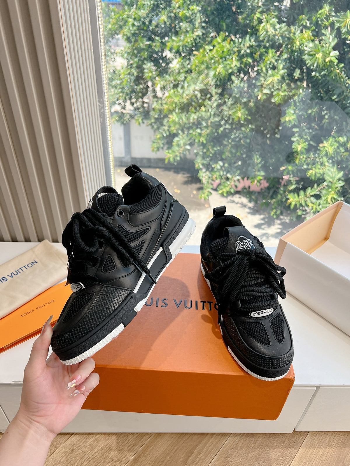 LV Women Black Leather Mesh Sneakers