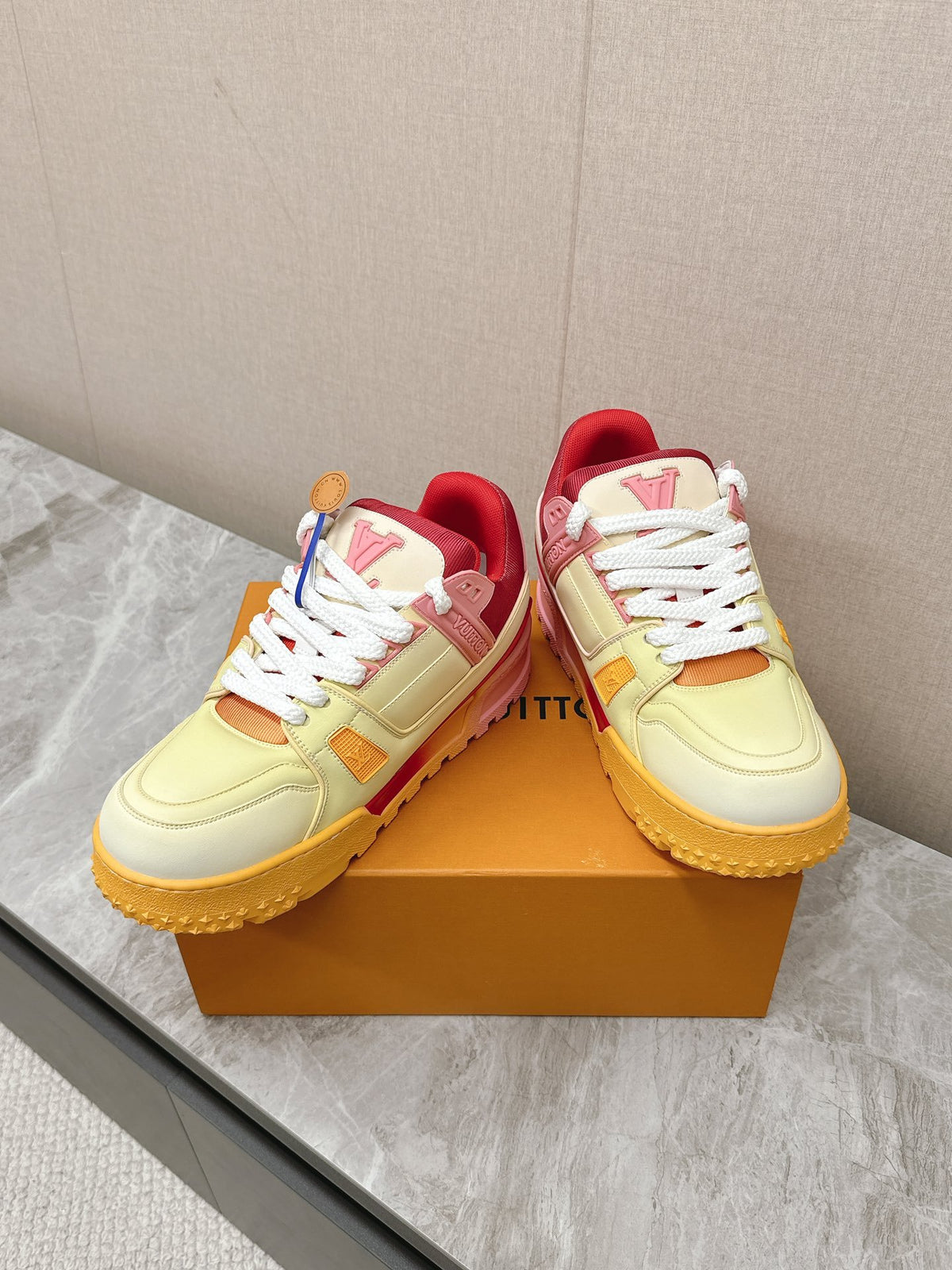 LV Women Yellow Leather Orange Accent Sneakers
