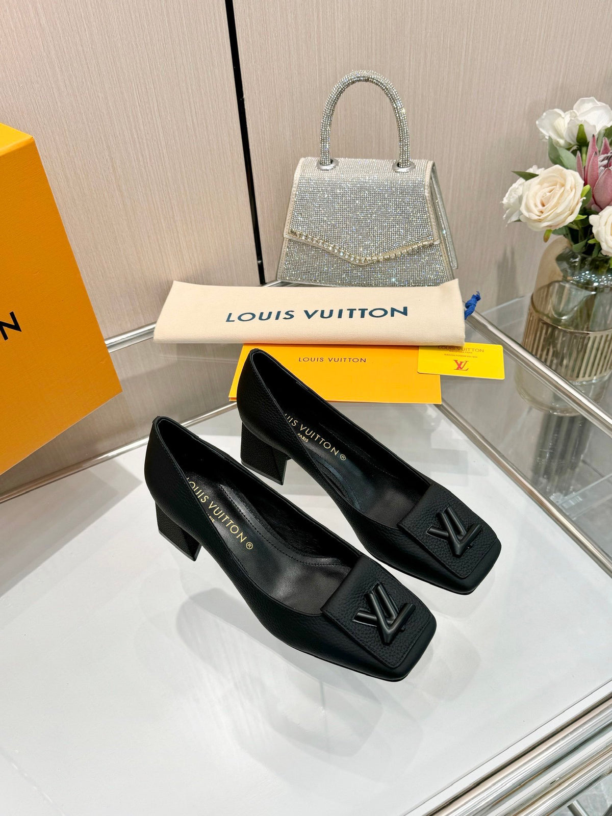 LV Women Black Leather Heels