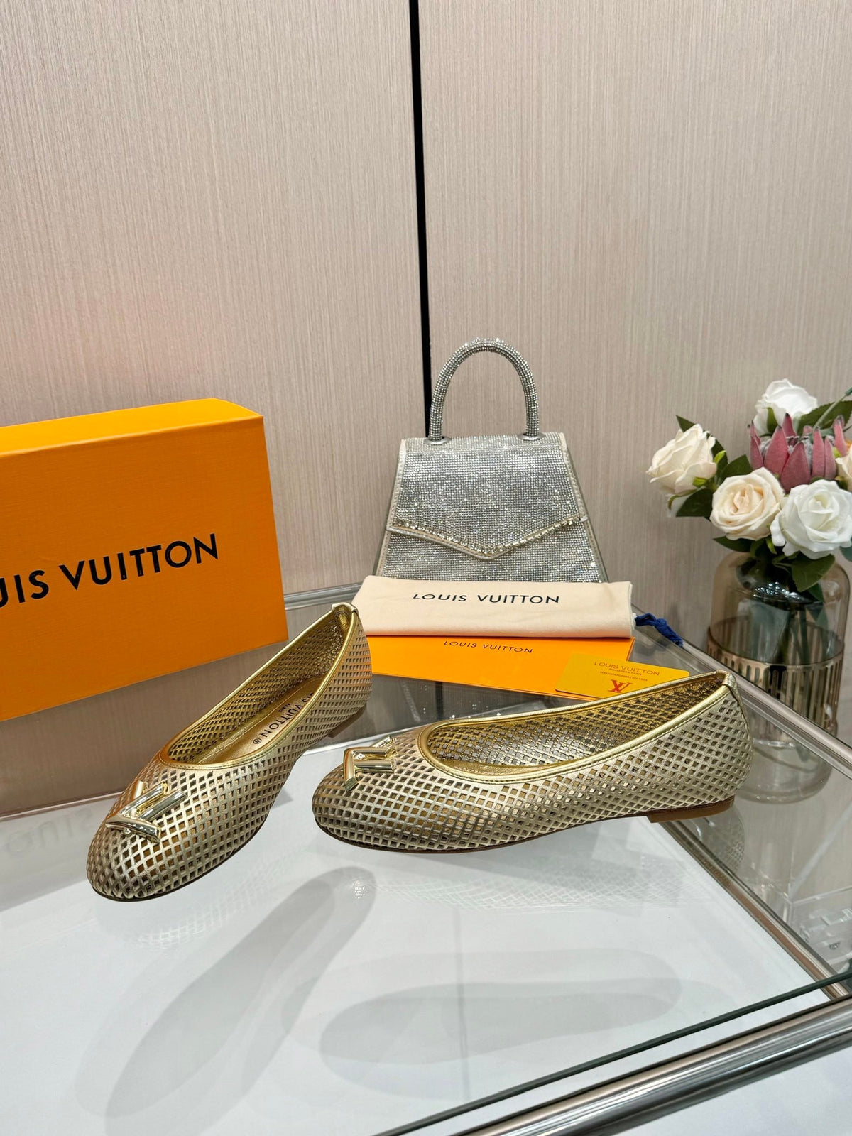 LV Women Gold Metallic Mesh Ballet Flats