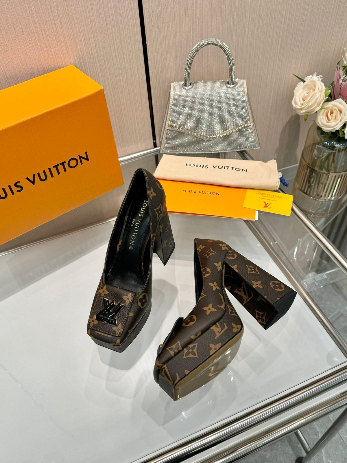 LV Women Brown Leather Platform Heels