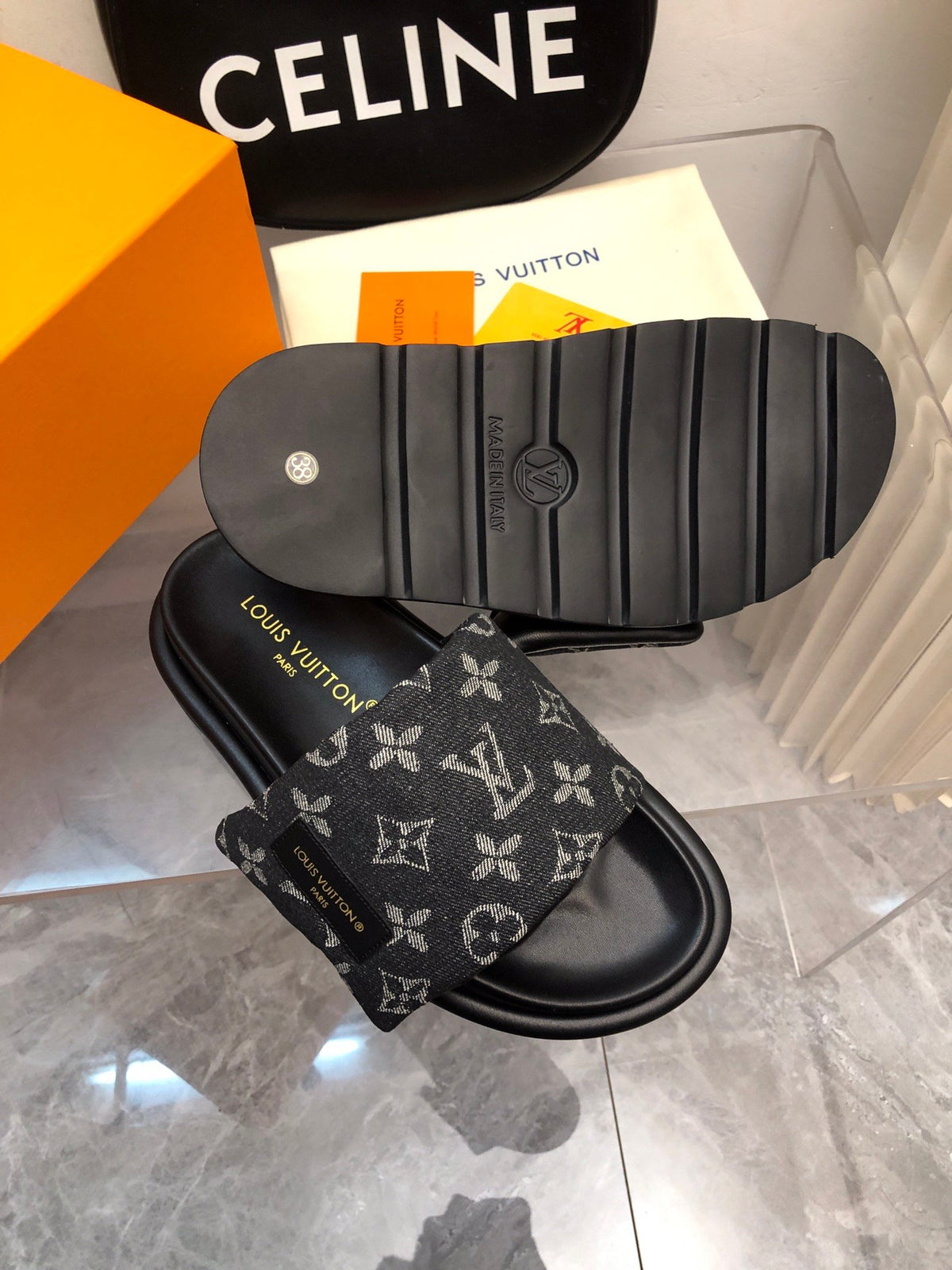 LV Women Black Canvas Monogram Slide Sandals