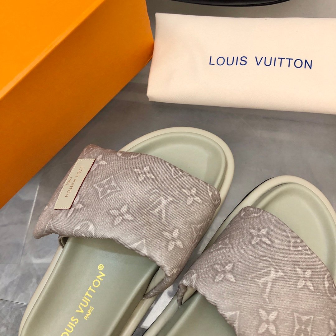 LV Women Light Gray Fabric Slides Sandals