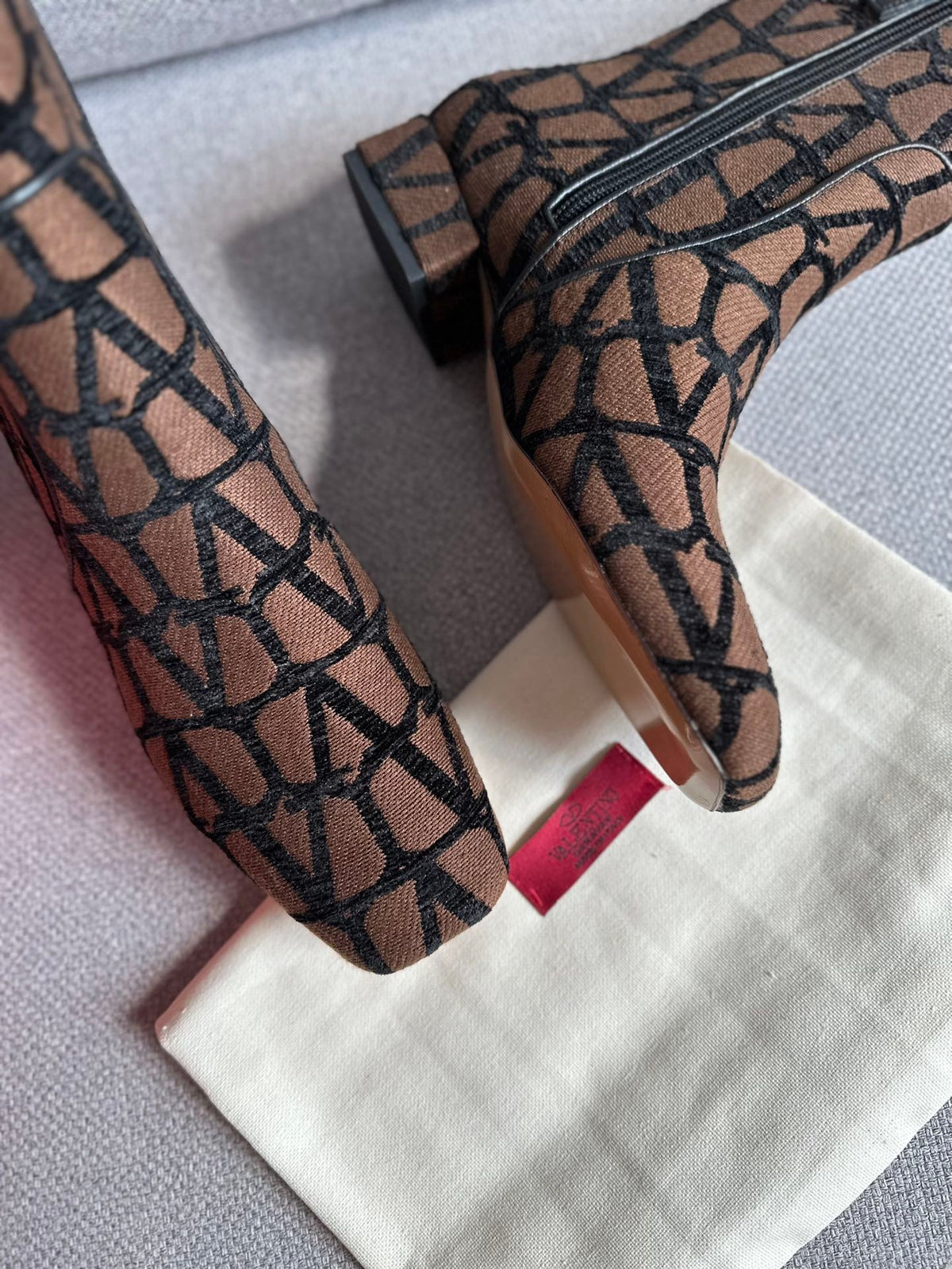 Valentino Women Brown Fabric Logo Pattern Boots