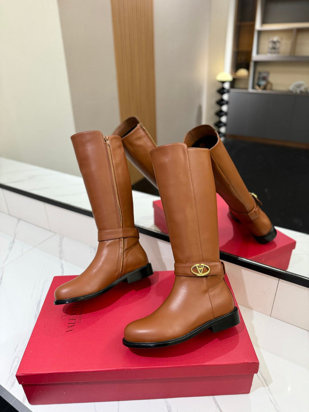 Valentino Women Brown Leather Knee High Boots