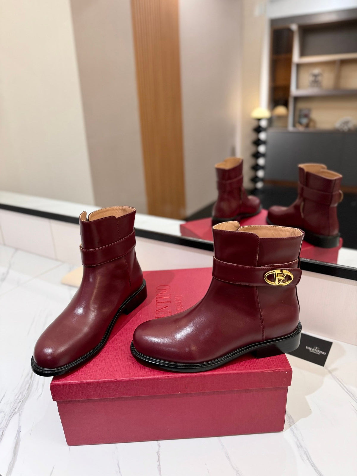 Valentino Women Burgundy Leather Ankle Boots