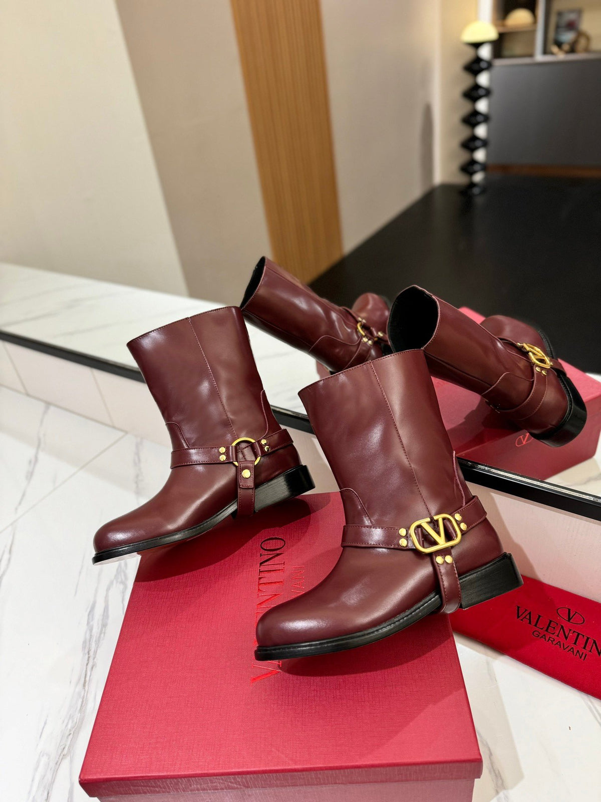 Valentino Women Burgundy Leather Mid-Calf Boots