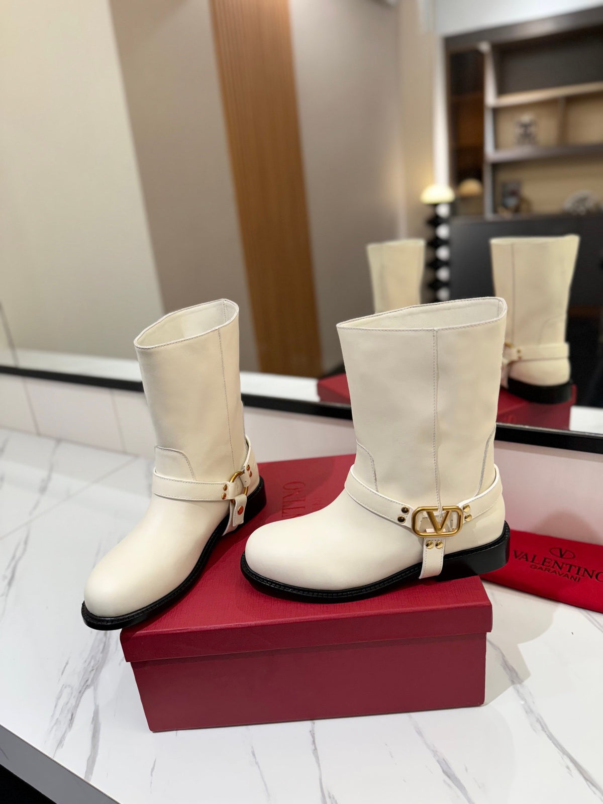 Valentino Women White Leather Mid-Calf Boots