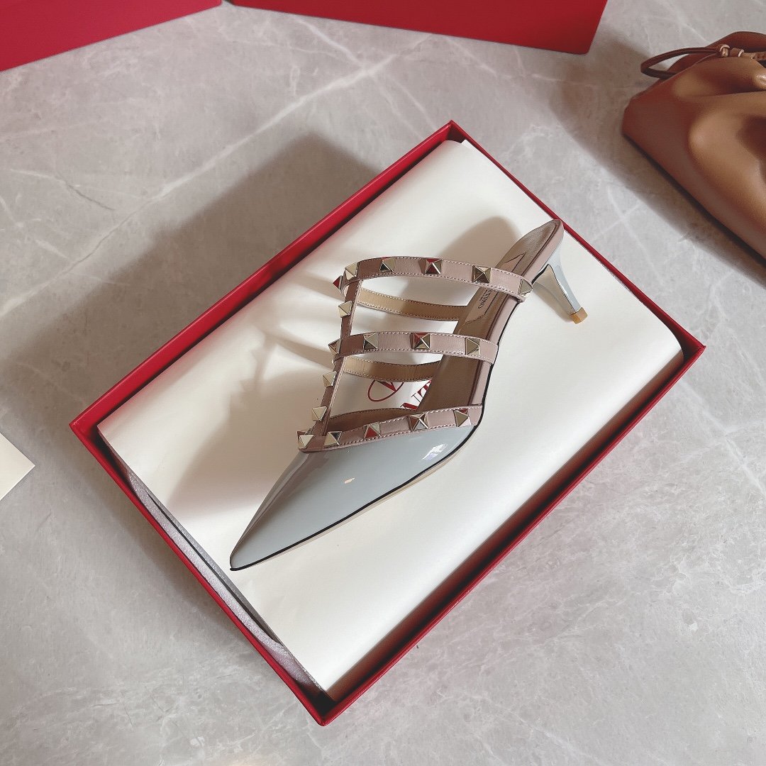 Valentino Women Light Blue Patent Leather Studded Mules