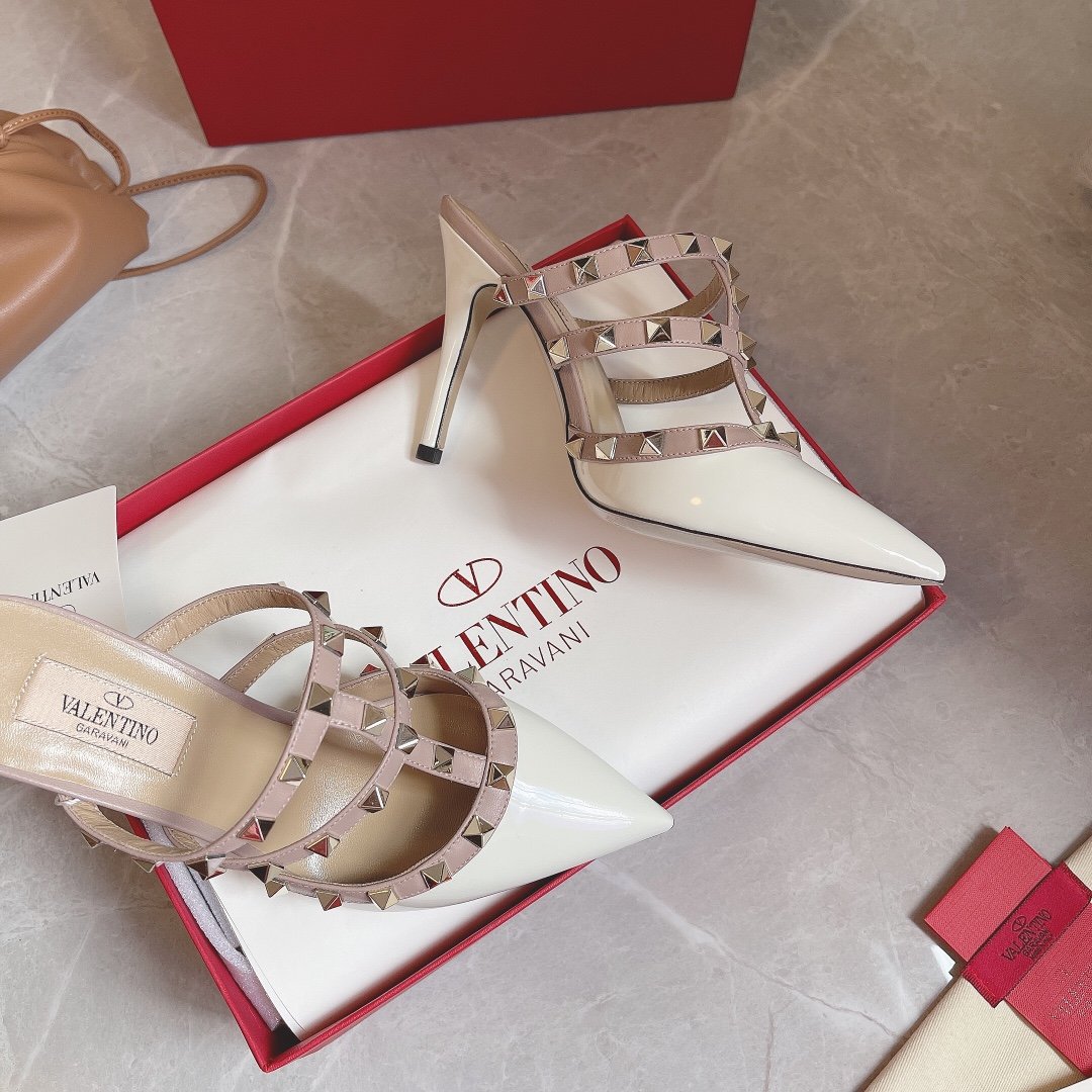 Valentino Women White Patent Leather Studded Mules