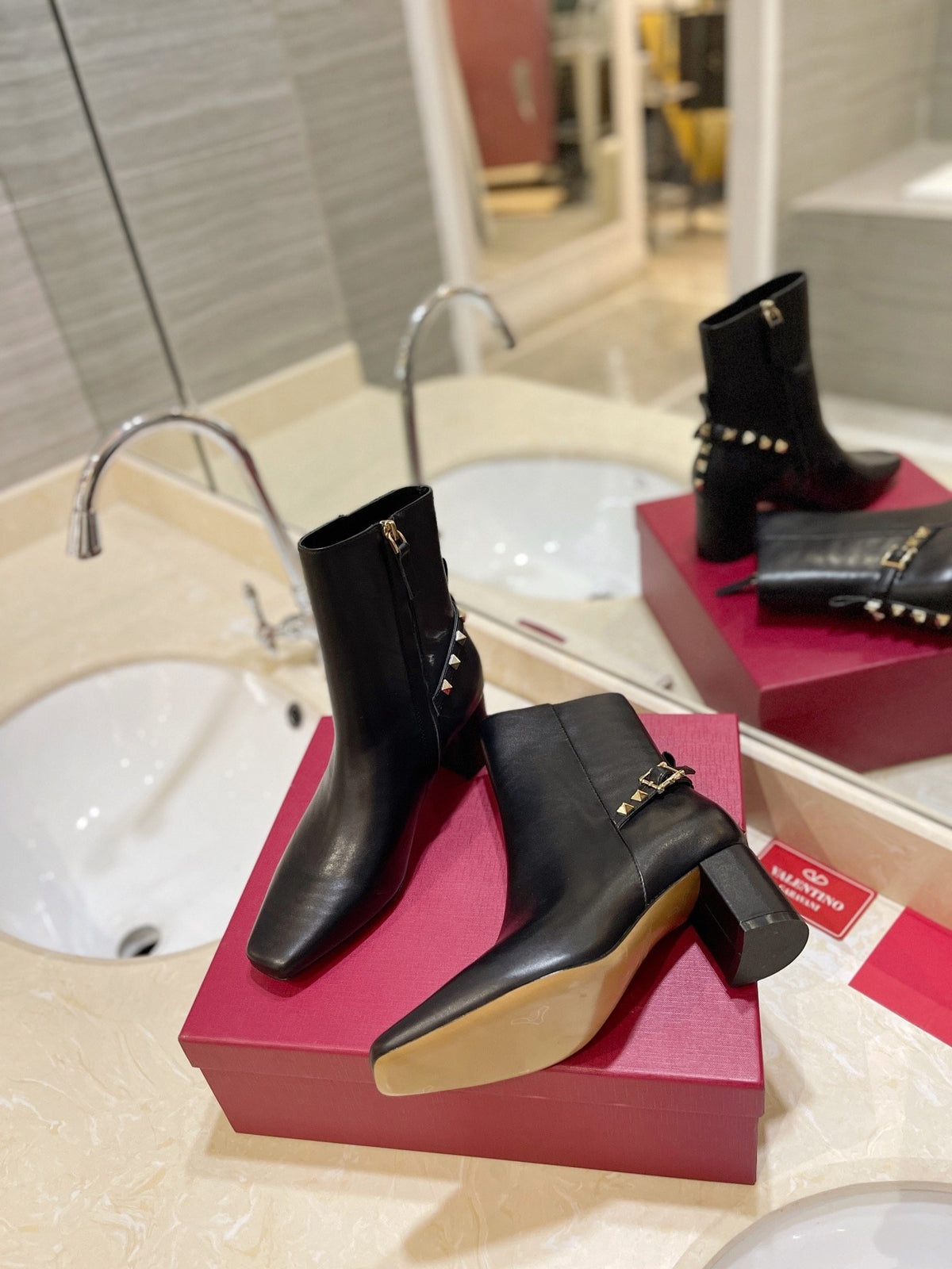 Valentino Women Black Leather Studded Ankle Boots
