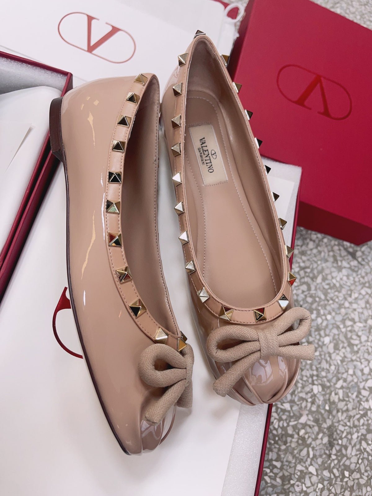Valentino Women Nude Patent Leather Studded Flats