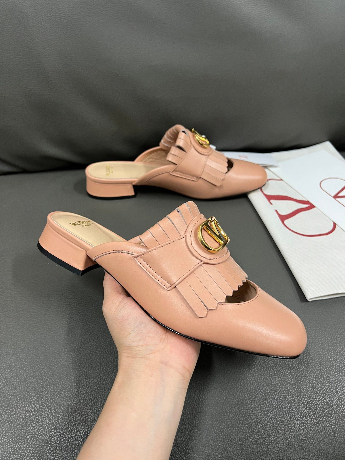Valentino Women Pink Leather Fringe Mules
