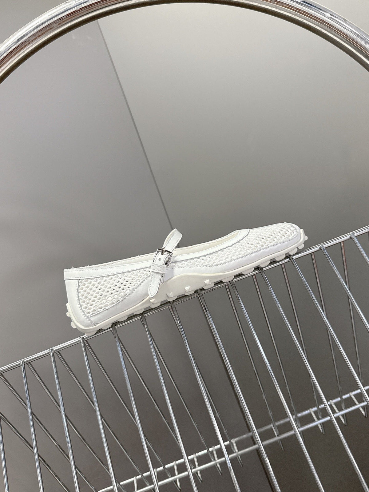 Hermes Women White Mesh Leather Mary Jane Flats