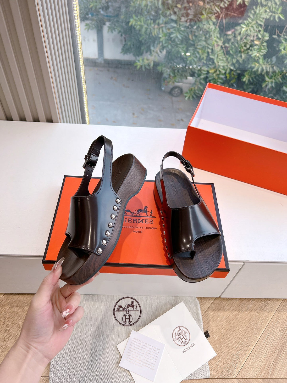 Hermes Women Dark Brown Leather Slingback Sandals