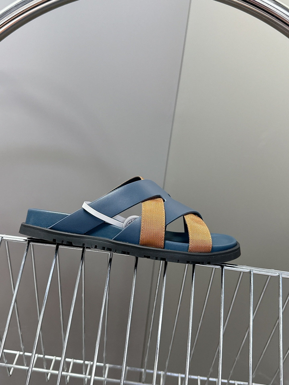 Hermes Women Navy Blue Leather And Brown Sandals