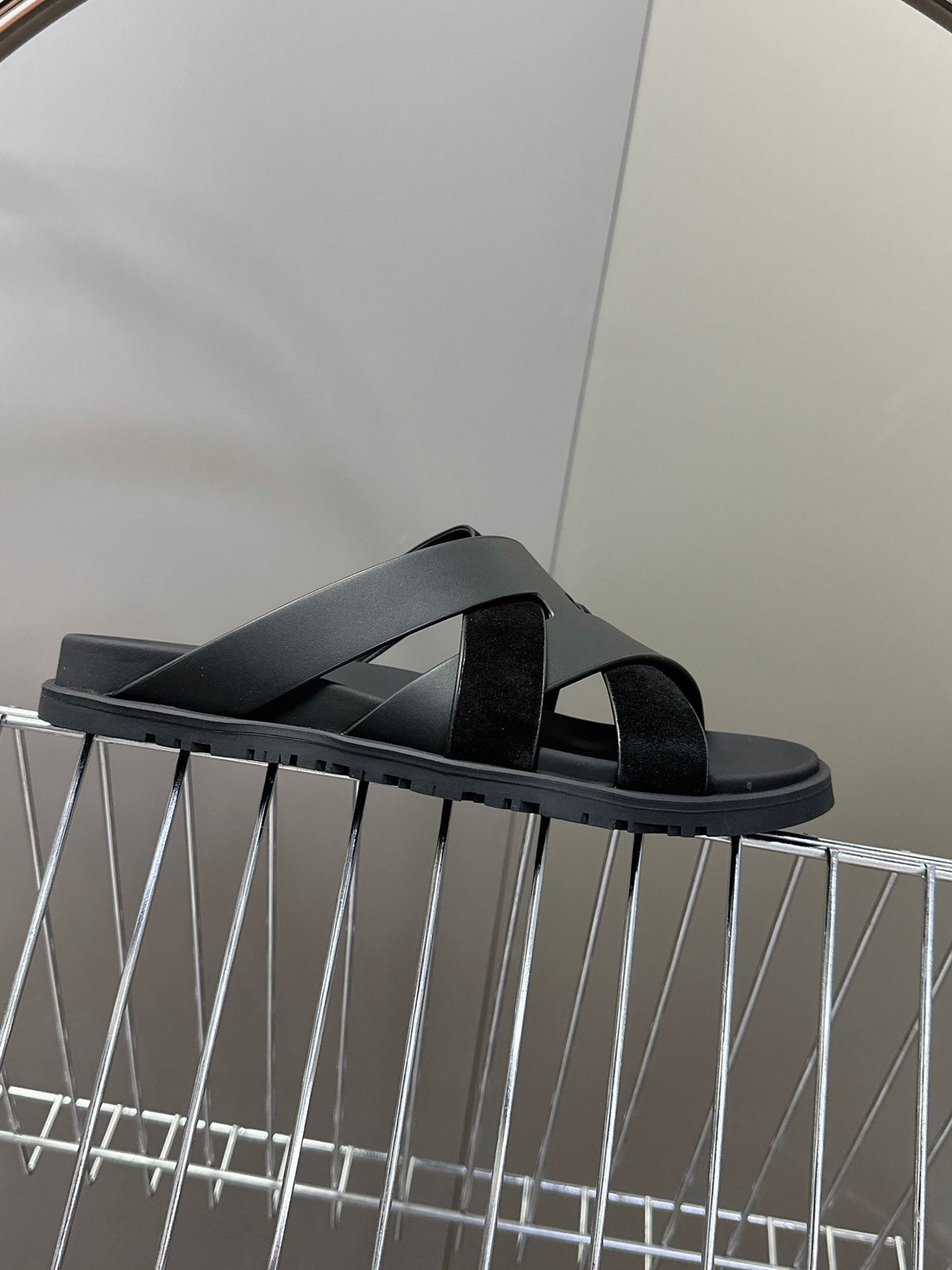 Hermes Women Black Leather Suede Sandals