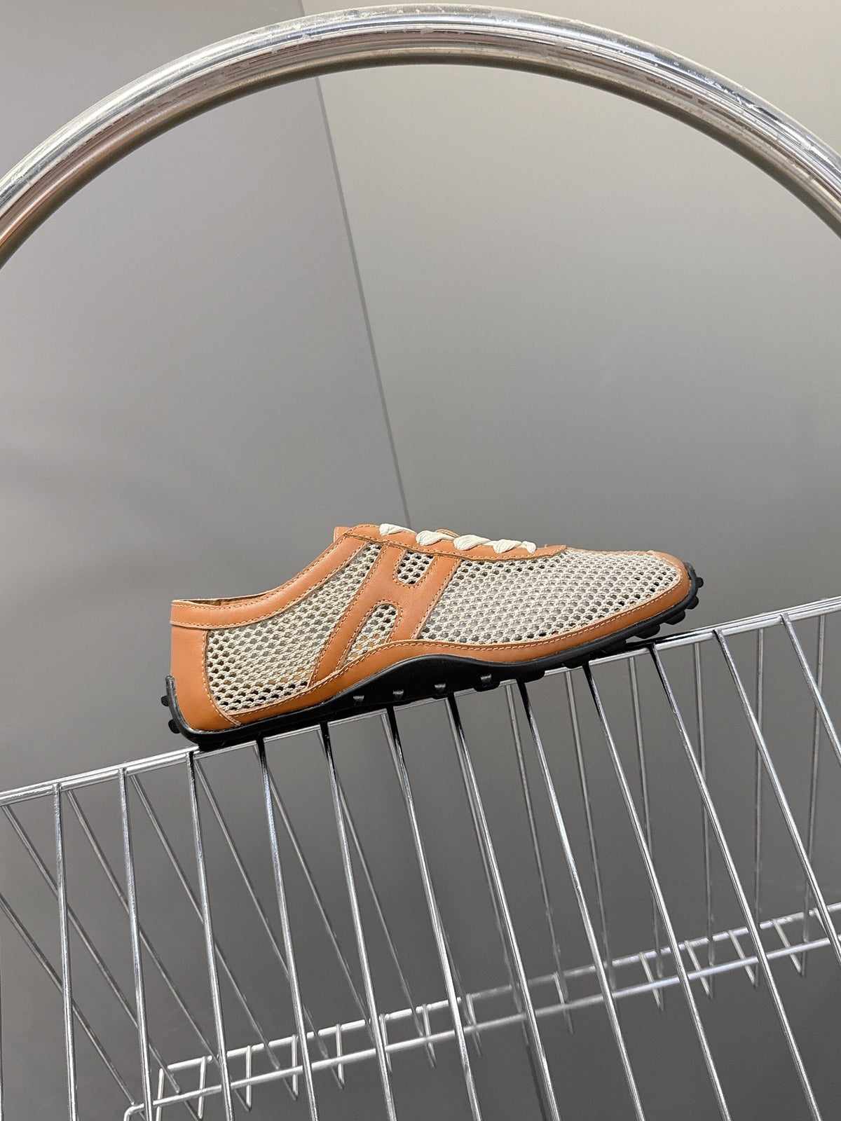 Hermes Women Beige Mesh And Tan Leather Sneakers