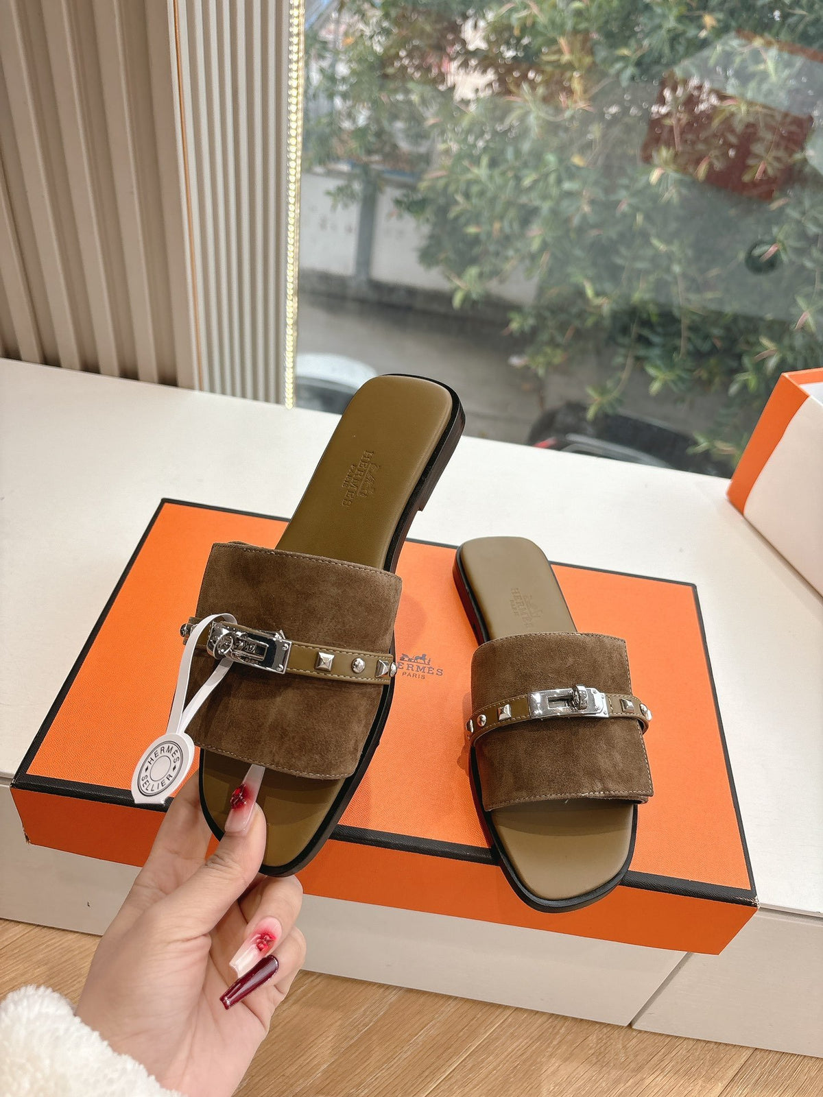 Hermes Women Brown Suede Slide Sandals