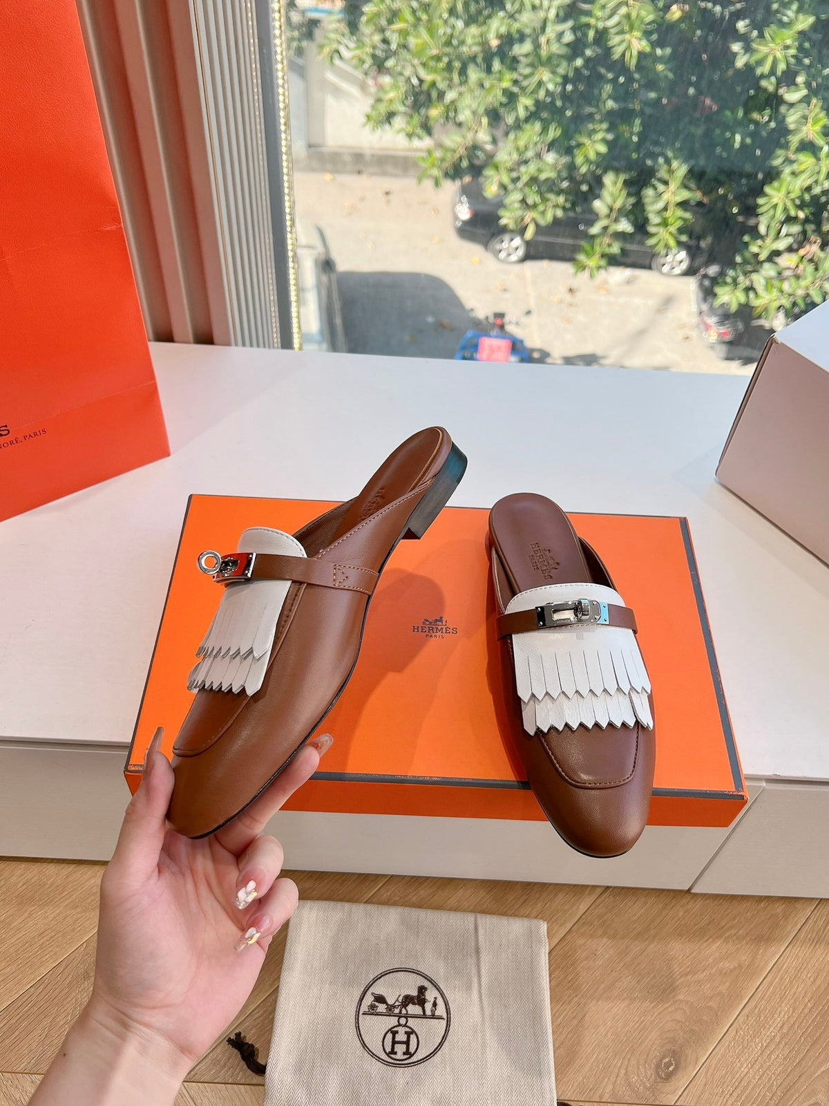 Hermes Women Brown White Leather Fringe Mules