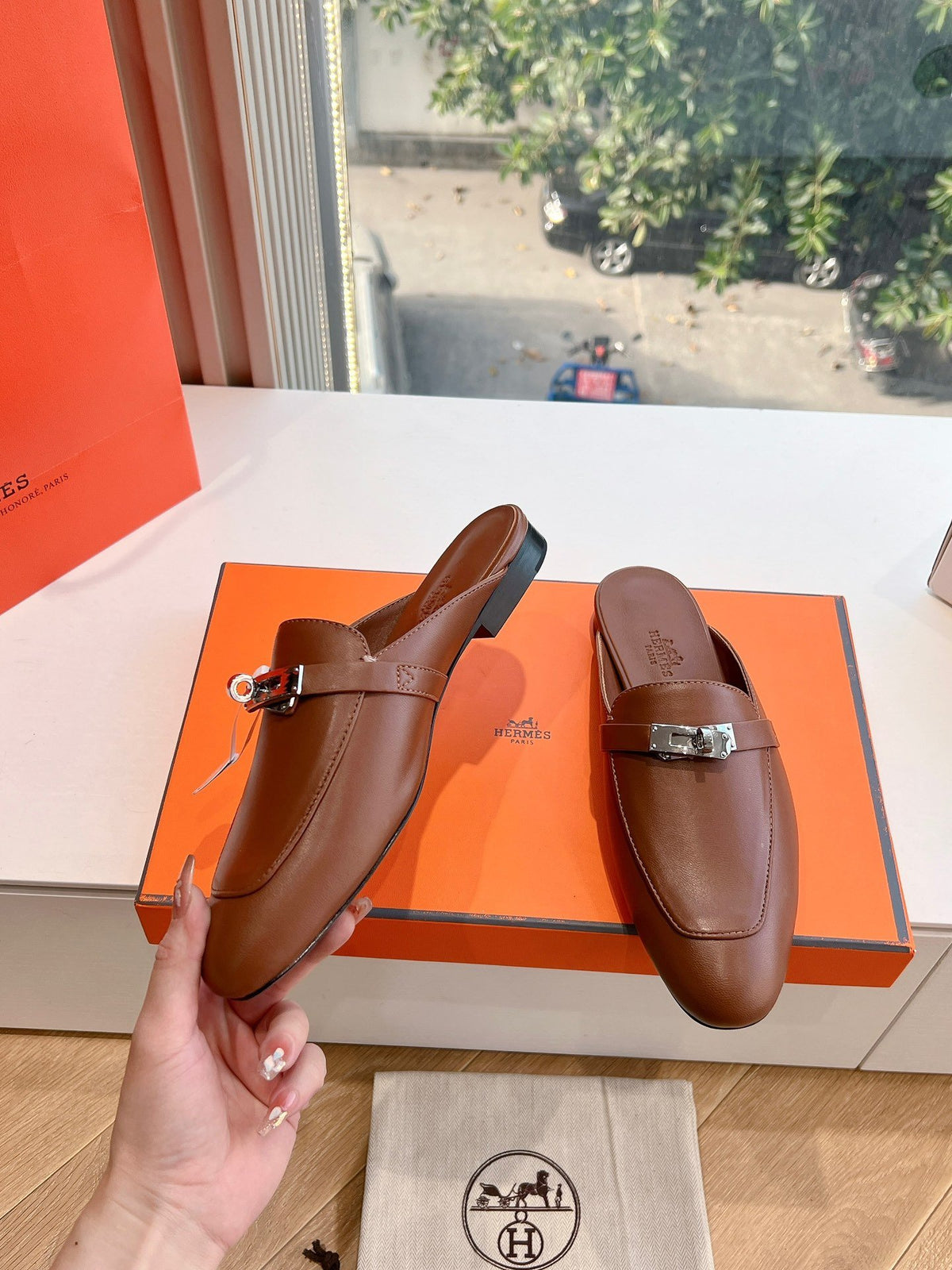 Hermes Women Brown Leather Slip On Mules