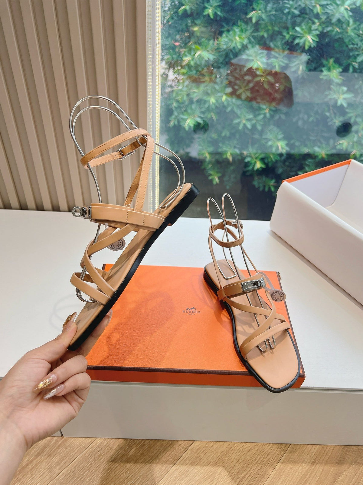 Hermes Women Beige Leather Strappy Sandals