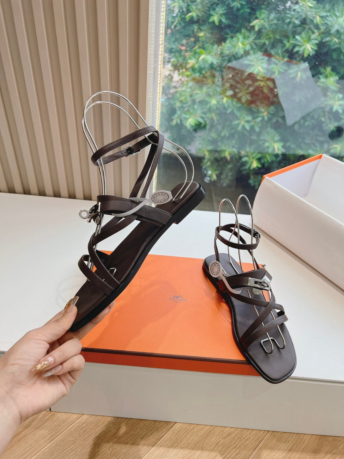 Hermes Women Dark Brown Leather Strappy Sandals