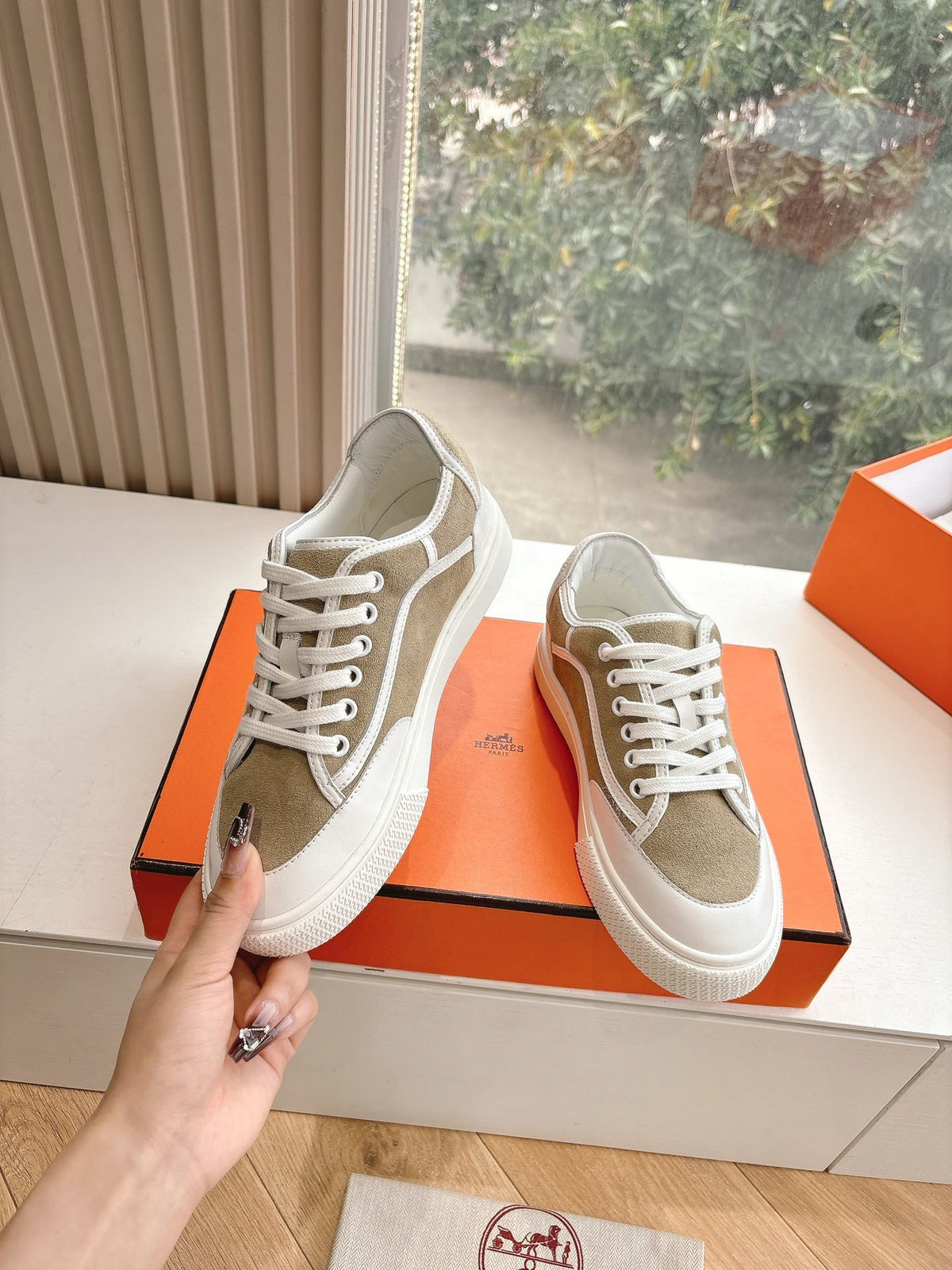 Hermes Women Beige Suede White Leather Sneakers