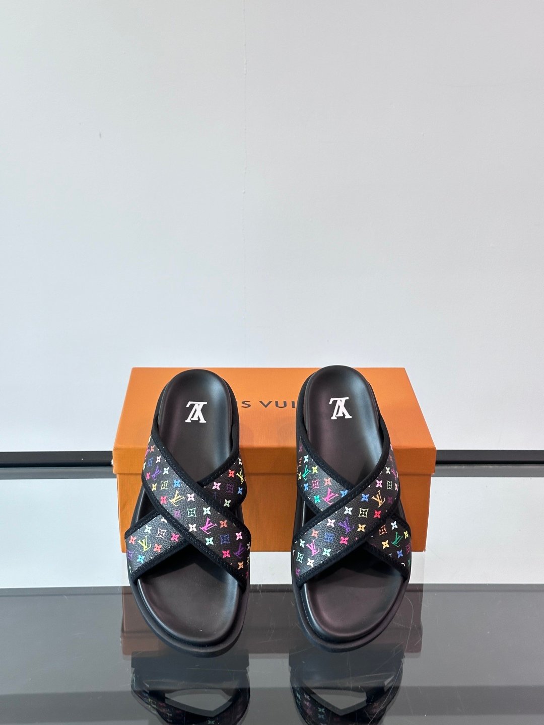 LV Men Black Multicolor Canvas Slides