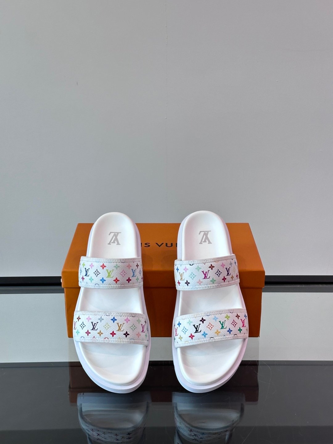 LV Men White Canvas Multicolor Logo Slides