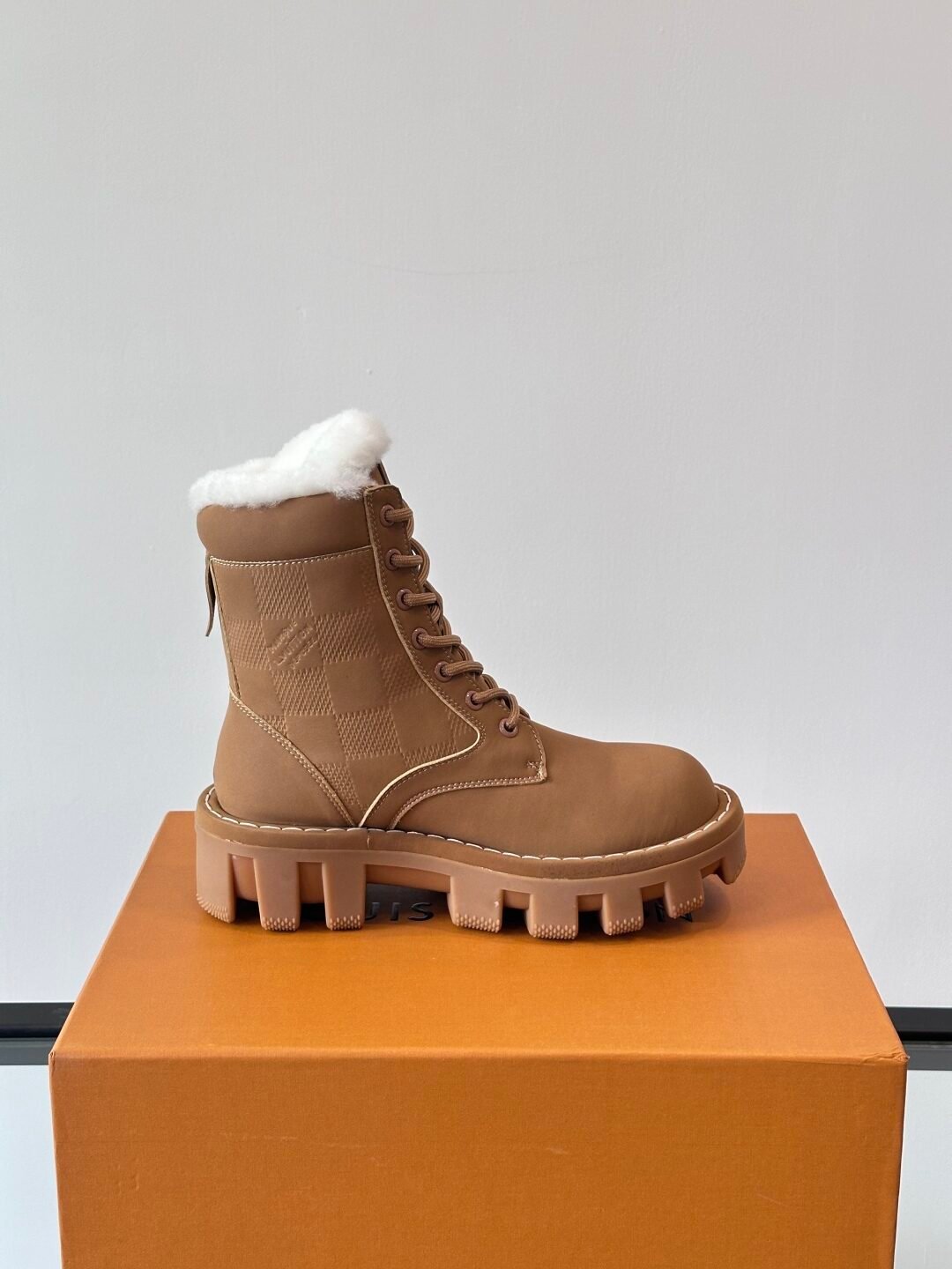 LV Men Tan Leather Fur-Lined Boots