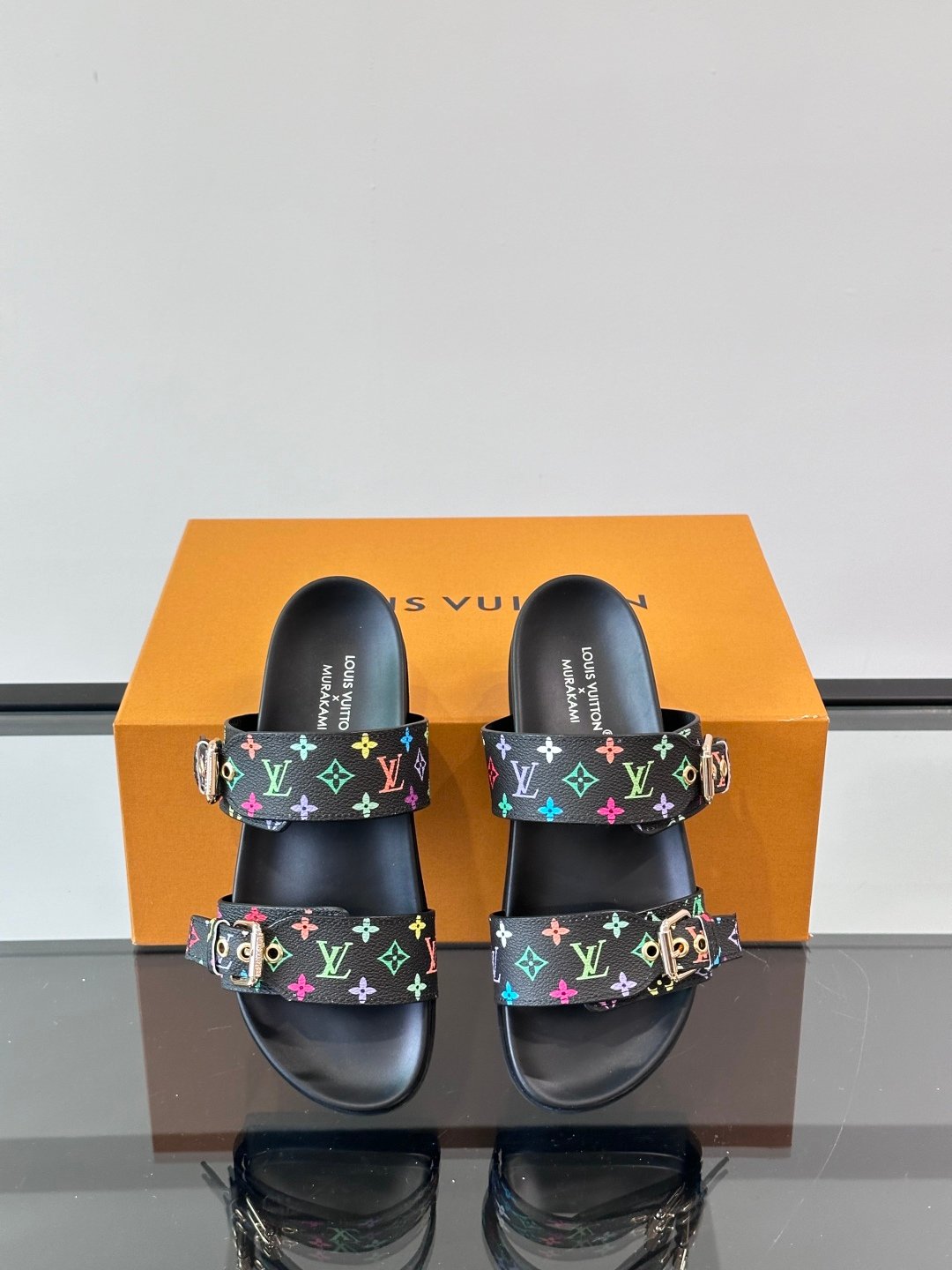 LV Men Black Leather Multicolor Monogram Slides
