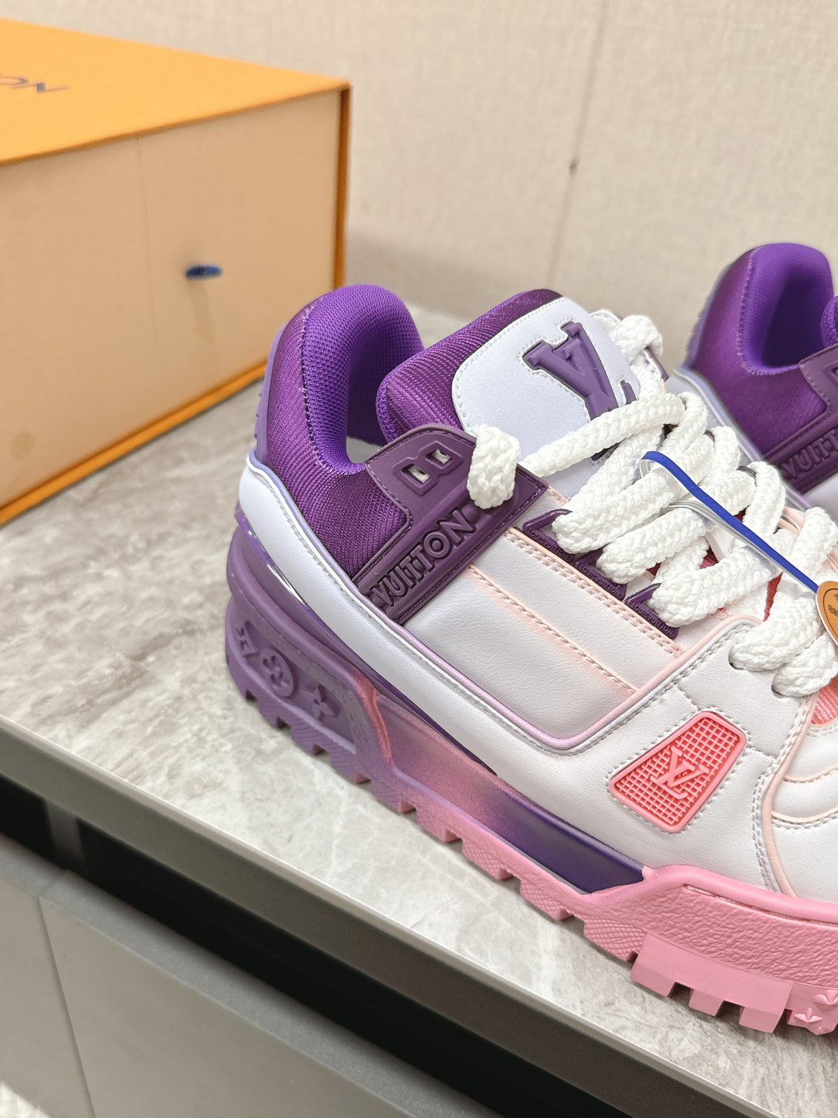 LV Women White Pink Purple Leather Sneakers