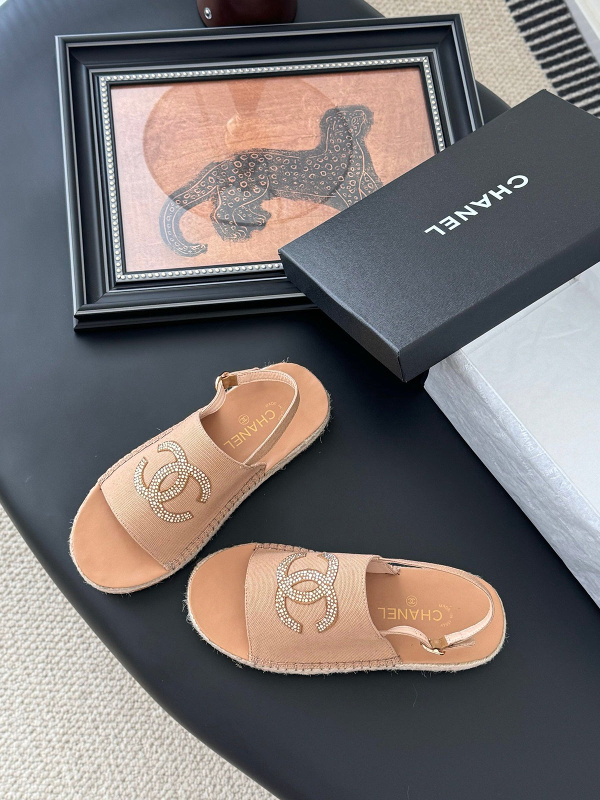 Chanel Women Beige Canvas Crystal Logo Sandals